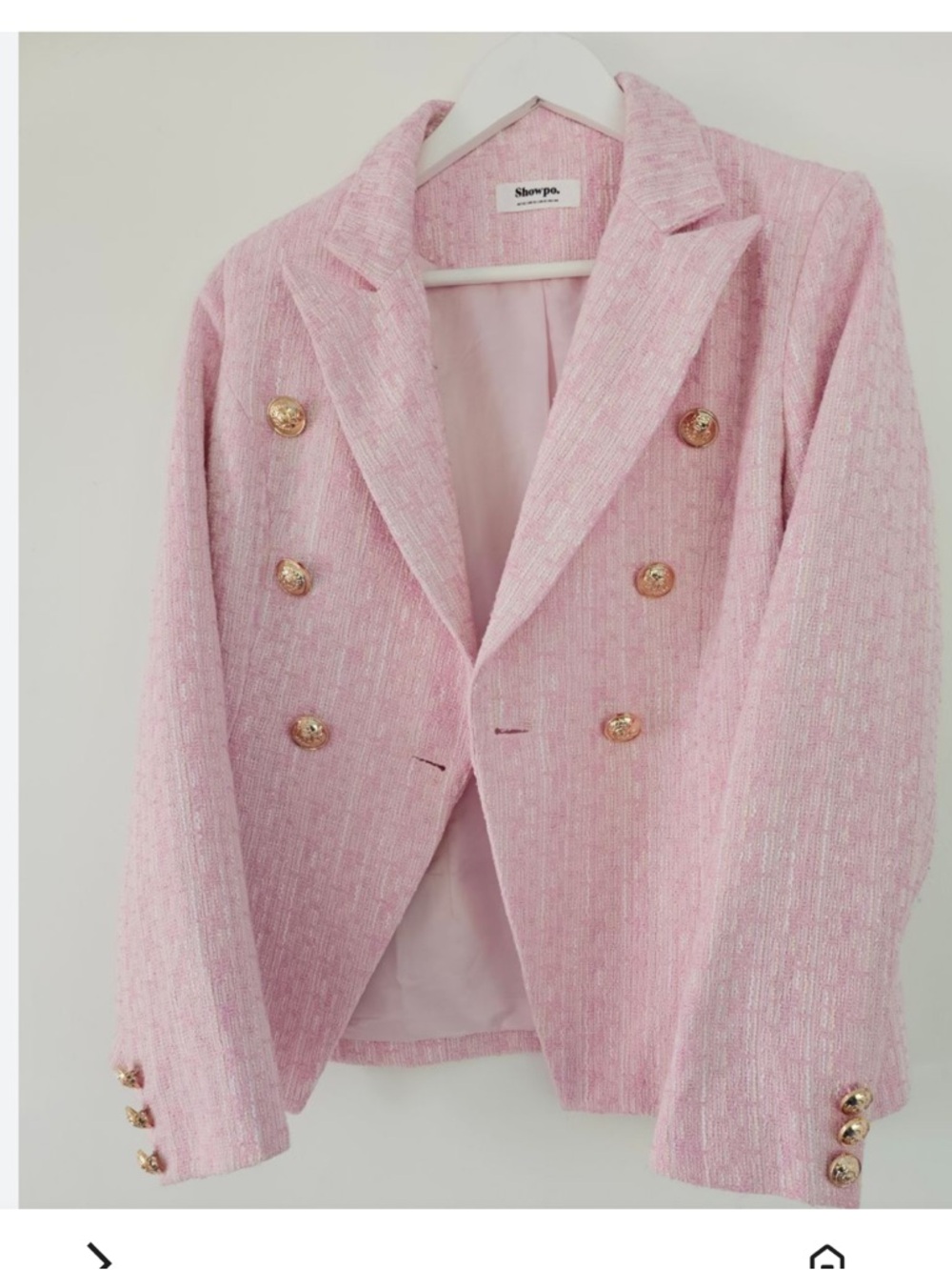 SHOWPO SIZE 2 Pink Tweed Double-Breasted Blazer with Gold Buttons